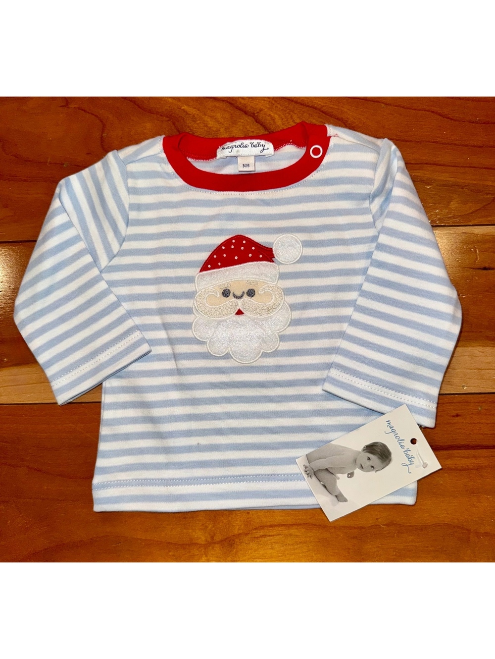 NWT Magnolia Baby Newborn Blue & White Long Sleeve Santa Embroidered Shirt